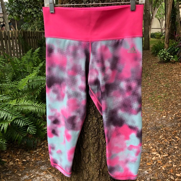 adidas Pants - Adidas Climalite Grey Pink Leggings Capri Tie Dye